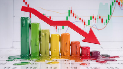 Credit rating downgrade concept with melting colorful bar chart and red arrow showing financial decline and loss