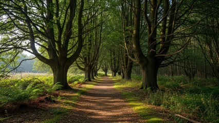 Fototapeta premium Path through a lush forest with tall trees and dappled sunlight