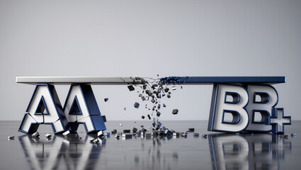 Credit rating downgrade concept with AA and BB+ rating letters breaking apart on reflective floor