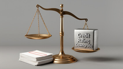 Credit rating downgrade concept with balance scale and heavy metal block on one side and stack of paper on other side showing financial weight