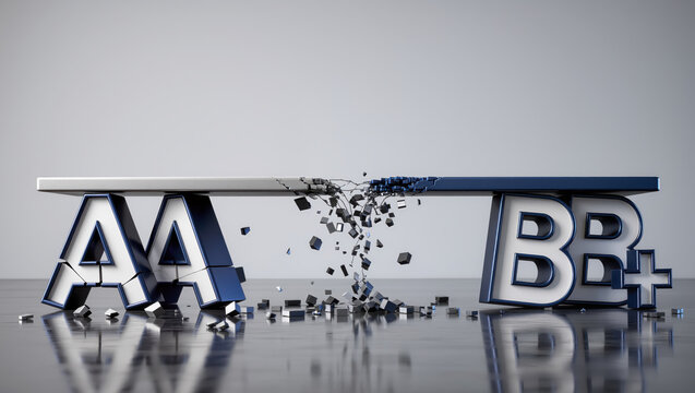 Credit rating downgrade concept with AA and BB+ rating letters breaking apart on reflective floor