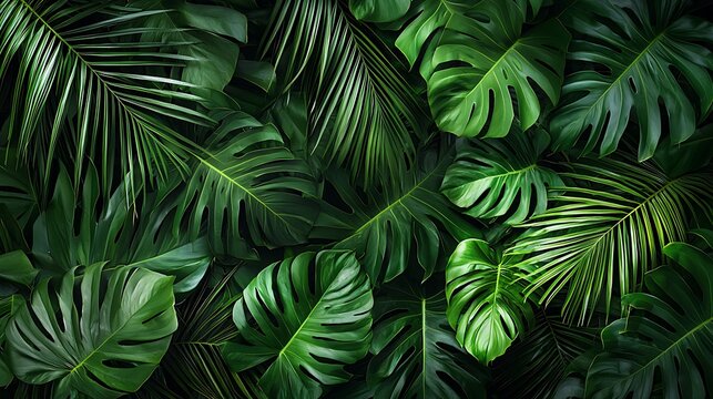 Lush Tropical Canopy: An overhead shot reveals a dense, vibrant collection of tropical foliage, showcasing the intricate textures and varying shades of green of monstera and palm leaves. 
