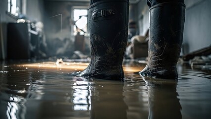 Cropped Man in Rubber Boots Standing in a Flooded House