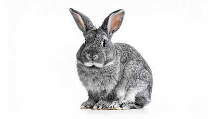 Fototapeta premium A captivating studio portrait of a charming grey domestic rabbit, captured with sharp detail and isolated on a pristine white background, showcasing its soft fur and alert posture