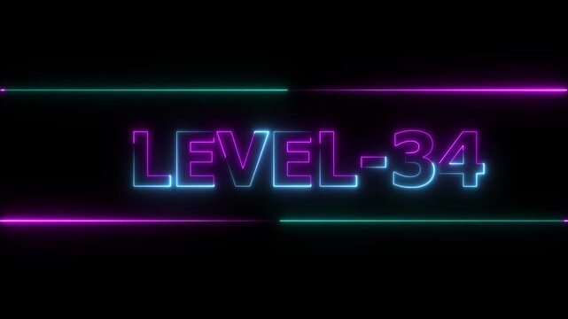 Glowing level-34 text with glitch effects animation. Two color letters spelling out level-34 appear on screen. Neon level up sign and upper Level . next Level text animation.