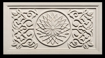 Fototapeta premium Intricate floral design on rectangular stone panel with carved lotus flower