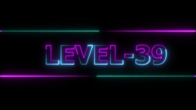 Glowing level-39 text with glitch effects animation. Two color letters spelling out level-39 appear on screen. Neon level up sign and upper Level . next Level text animation.