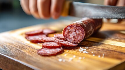 Close-up of slicing salami sausage on wooden cutting board.