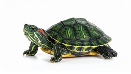 Obraz premium High-angle studio photo vibrant freshwater turtle. Green and yellow shell patterns, red mark on white background, showcasing unique reptilian features