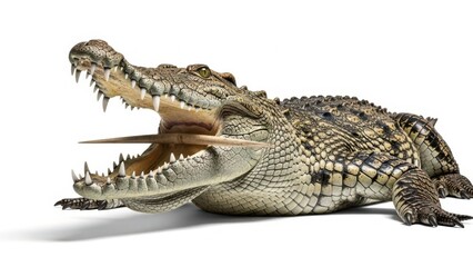 Fototapeta premium Crocodile with Open Mouth Showing Sharp Teeth Isolated on White Background