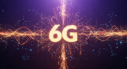 Image of "6G" in golden color with bright beam effect, representing sixth generation technology, next level of wireless communication network