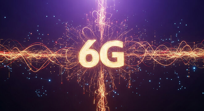 Image of "6G" in golden color with bright beam effect, representing sixth generation technology, next level of wireless communication network - Powered by Adobe