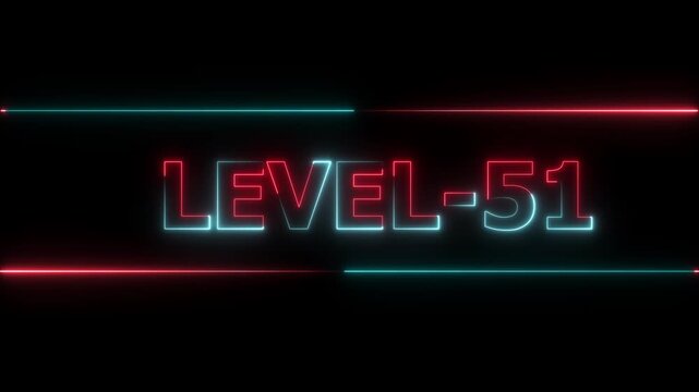 Glowing level-51 text with glitch effects animation. Two color letters spelling out level-51 appear on screen. Neon level up sign and upper Level . next Level text animation.