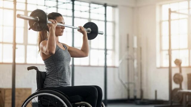 Focused female athlete in a wheelchair lifting weights at the gym. Woman performing barbell shoulder press exercise during adaptive workout session. Strength and rehabilitation concept