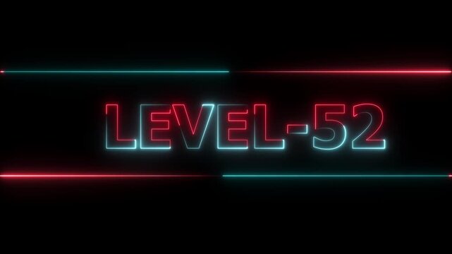 Glowing level-52 text with glitch effects animation. Two color letters spelling out level-52 appear on screen. Neon level up sign and upper Level . next Level text animation.