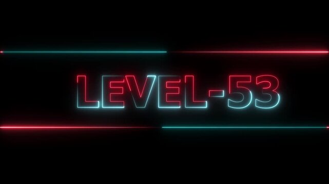 Glowing level-53 text with glitch effects animation. Two color letters spelling out level-53 appear on screen. Neon level up sign and upper Level . next Level text animation.
