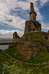 Scotland, Uk: access walkway at Castle Sinclair Girnigoe, complex of spectacular ruins on the coast of Caithness of two joined castles seat of the Clan Sinclair, Lords of Orkney and Earls of Caithness