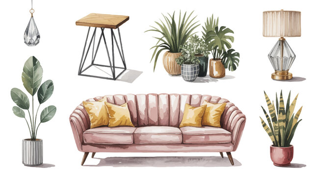 Watercolor illustration of home decor items including sofa plants lamp and furniture