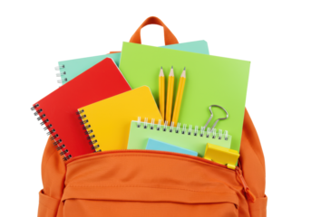Ultra close-up macro of an overflowing bright orange backpack spilling red and lime green spiral notebooks and sharp yellow pencils, high-key white background. Concept of educational readiness