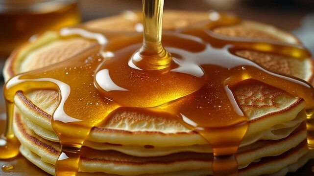 Syrup being poured onto a stack of pancakes in a close-up view