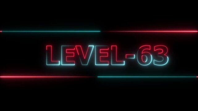 Glowing level-63 text with glitch effects animation. Two color letters spelling out level-63 appear on screen. Neon level up sign and upper Level . next Level text animation.