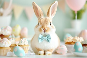 Charming easter bunny with bowtie surrounded by colorful cupcakes and pastel eggs