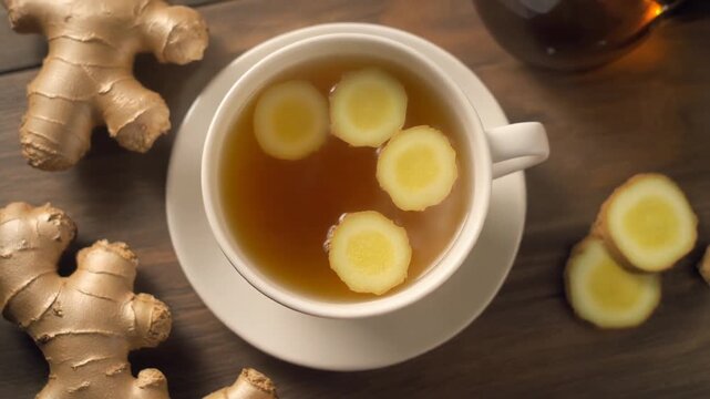 Ginger tea served in a cup with sliced ginger on a wooden table