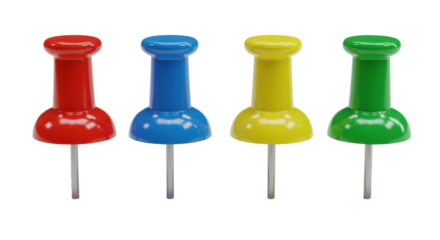 Four red, blue, yellow, and green glossy push pins lined up on a sterile white background with dramatic shadows. Concept of precision and organization