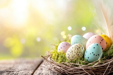 Colorful speckled easter eggs in decorative nest for spring celebration design