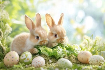 Adorable baby rabbits nibbling on fresh greens amidst easter scenery