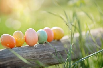 Colorful easter eggs on wooden surface in spring garden setting for festive decoration