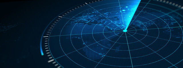 Fototapeta na wymiar Futuristic digital radar interface data detection and monitoring technology. Blue scanning beam over grid display represents cybersecurity, surveillance systems, advanced digital tracking concepts.