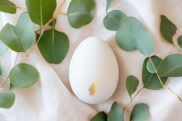 Elegant easter egg with gold foil details on soft fabric background