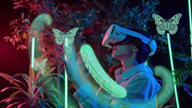 Excited young woman VR headset touching manipulating glowing neon holographic plants butterflies, interactive neon light trails forming gestures, cinematic close-up vibrant futuristic digital garden