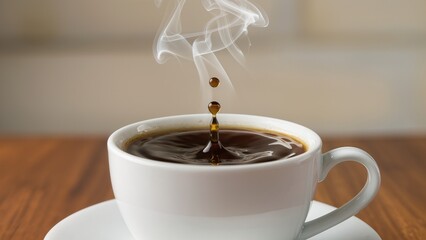 slow motion coffee drop falling into hot black coffee cup, rising steam and cozy morning aesthetic