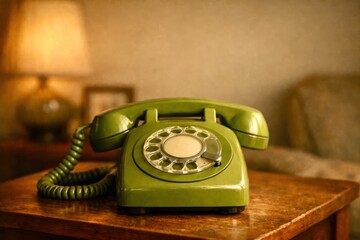 A green phone with a cord hanging off of it