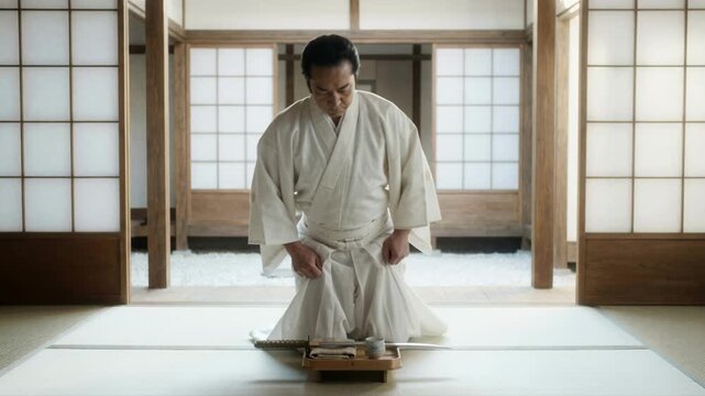 Japanese samurai in white kimono bowing and performing a tea ceremony ritual. Man kneeling on tatami mats in a traditional room with a katana sword and zen garden background