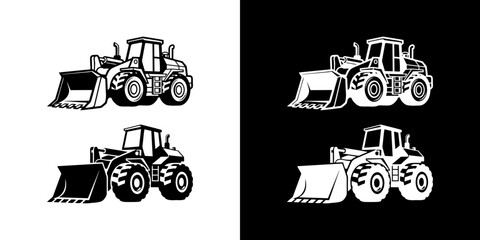 Dynamic vector illustration set featuring robust wheel loaders, ideal for construction, industrial, and earthmoving projects, showcasing powerful heavy equipment designs