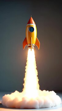 Illustration of a yellow rocket launching with orange fins emitting bright flames and smoke rising on a gray background