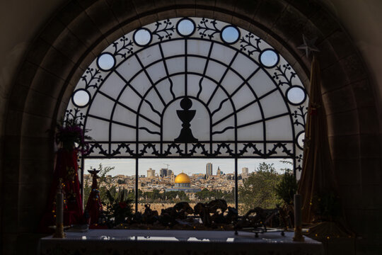 View of Jerusalem through the window of Dominus Flevit Church