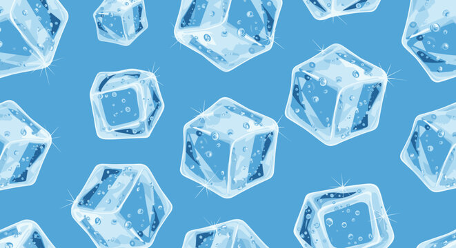 A cool and refreshing seamless pattern of sparkling, transparent ice cubes with air bubbles, floating on a solid bright blue background for summer concepts.
