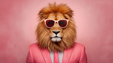 A spotted lion-headed figure wears a pink polka dot suit with matching tie and sunglasses against a monochrome pink backdrop. Whimsical and retro-inspired character portrait.