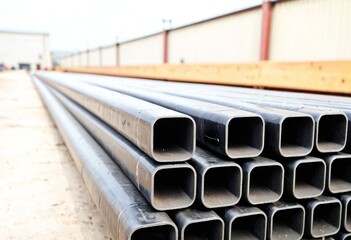 Close-Up of Stacked Steel Pipes or Square Hollow in Industrial Warehouse