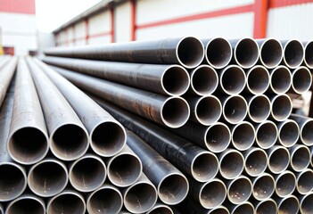 Close-Up of Stacked Steel Pipes or Square Hollow in Industrial Warehouse