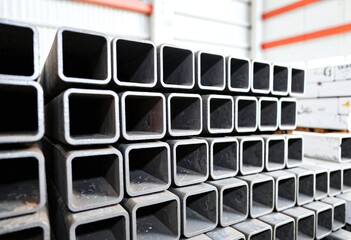 Close-Up of Stacked Steel Pipes or Square Hollow in Industrial Warehouse