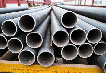 Close-Up of Stacked Steel Pipes or Square Hollow in Industrial Warehouse