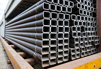 Close-Up of Stacked Steel Pipes or Square Hollow in Industrial Warehouse