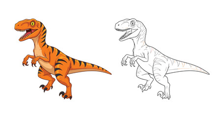 Obraz premium An illustration of a fierce Velociraptor dinosaur with orange and black striped skin, shown in both a full-color version and a line art outline for coloring.