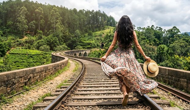 A girl walks gracefully across a grand arched bridge, wearing a flowing frock and holding a hat in one hand, surrounded by lush greenery.