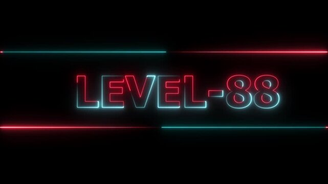 Glowing level-88 text with glitch effects animation. Two color letters spelling out level-88 appear on screen. Neon level up sign and upper Level . next Level text animation.